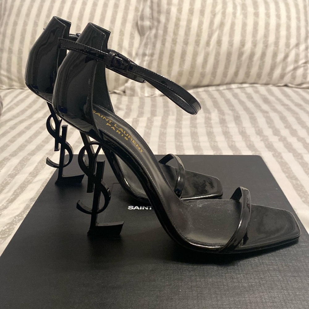 YSL Logo-Heel “Opyum” Sandals with Black Hardware